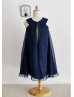 Navy Blue Chiffon Pearls Embellished Slit Back Short Flower Girl Dress